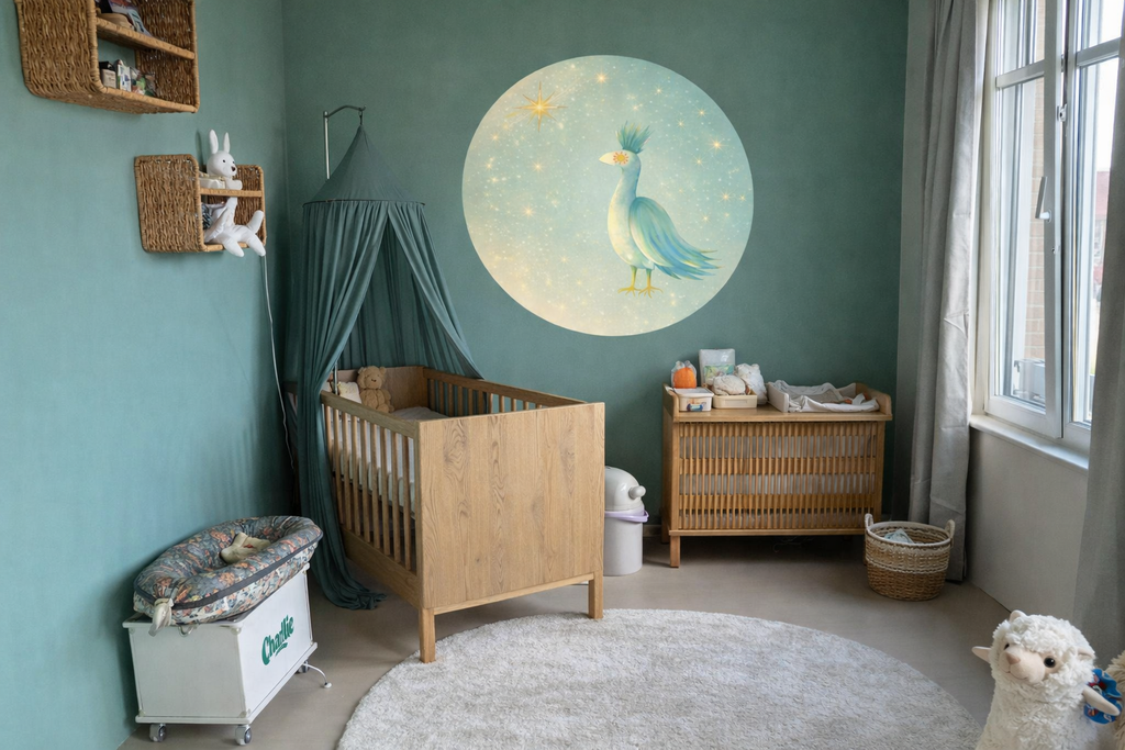 Round Wall Sticker Green Bird with Stars
