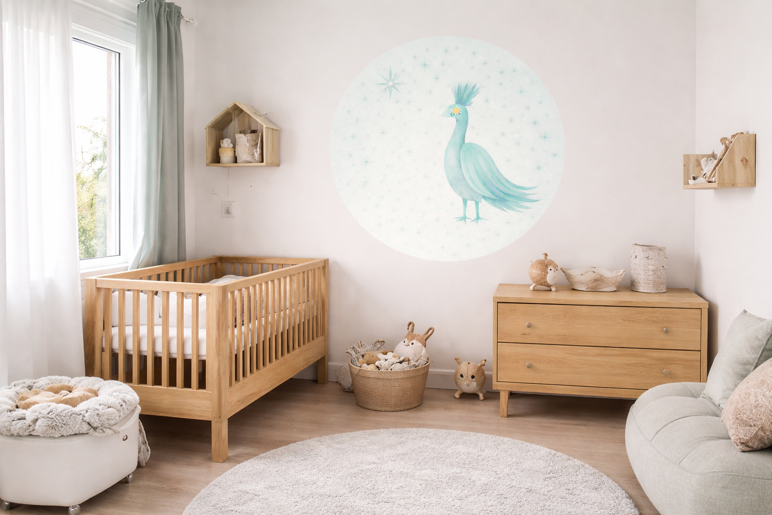 Round Wall Sticker Green Bird with Stars